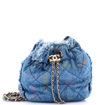Denim Mood Chain Bucket Bag Logo Printed Quilted Fringe Denim Medium