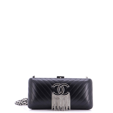 CC Fringe Chain Frame Clutch Chevron Lambskin