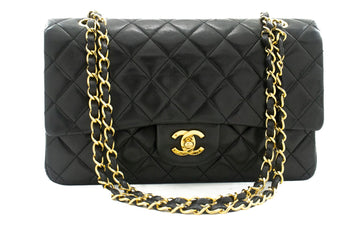 CHANEL Classic Double Flap 10" Chain Shoulder Bag Black Leather j92