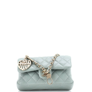CC Heart Charm Double Flap Hook Bag Quilted Lambskin with Faux Pearls and Crystals Mini
