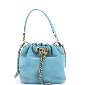 Woven Chain CC Drawstring Bucket Bag Stitched Lambskin Small