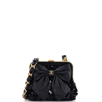 Bow Frame Clutch With Chain Sequin Embellished Tweed with Leather Mini