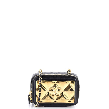 Golden Plate Zip Around Vanity Case with Chain Quilted Metal and Lambskin Extra Mini