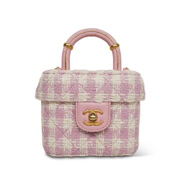 23S Pink Ecru Tweed Quilted Handle Crush Vanity Case Aged Gold Hardware