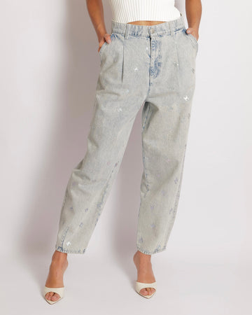 Chanel Fall 2021 Light Blue Straight Leg High-Waisted Jeans with Turquoise, Lilac, and Silver Metallic CC Logos and Silver Button Detail Size FR 40 (UK 12)