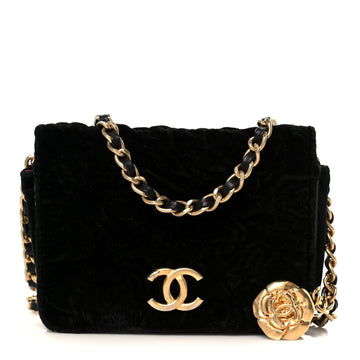 Velvet Quilted Camellia Velvet Flap Coin Purse With Chain Black