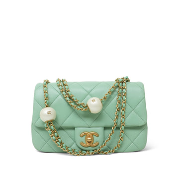 Green leather Quilted Pearl Chain Flap Bag Small AGHW