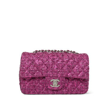 23S Dark Pink Metallic Tweed Quilted Mini Rectangular Flap Aged Silver Hardware