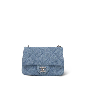 23P Blue Denim Quilted Camellia Sweetheart Mini Single Flap Bag Aged Silver Hardware