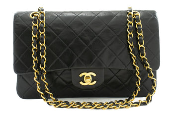 CHANEL Classic Double Flap 10" Chain Shoulder Bag Black Leather k03