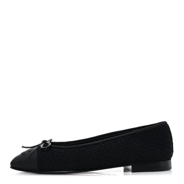 Wool Tweed Grosgrain Cap Toe CC Ballerina Flats 37.5 Black
