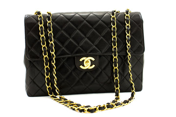 CHANEL Jumbo 11" Large Chain Shoulder Bag Flap Black Leather Gold f98