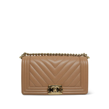 22B Dark Beige leather Chevron Boy Bag Old Medium Light Gold Hardware