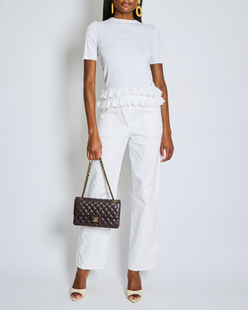 Chanel White Quilted Straight Leg Jeans with Brown Accents and Waist Ties and 31 Rue Cambon CC Logo Detail Size FR 34 (UK 6)