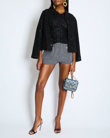 Chanel Black and White Checkered Micro Shorts with Silver Metallic Details and Silver CC Logo Buttons Size FR 36 (UK 8)