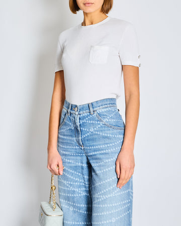 Chanel White Ribbed Knit Short Sleeve Top with Pocket Flower Embroidery Detail Size FR 36 (UK 8)