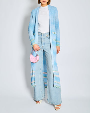 Chanel 23/S Blue Long-line Striped Knitted Cardigan with Green and Pink Trim and CC Button Detail Size