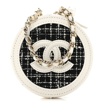 Tweed Quilted Round Filigree Pouch With Chain White Black