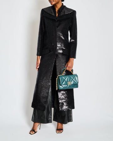 Chanel Metiers d'Art Black Sequin Maxi Pea Coat with Logo Detail Ruthenium Buttons Size FR 34 (UK 6)