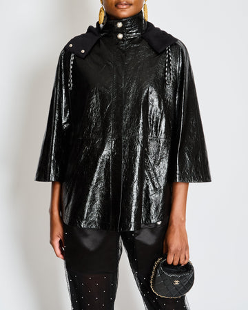 Chanel Fall 2019 By Karl Largerfeld Black Leather Hooded Cape with Embellished Pearl Buttons Size FR 34 (UK 6)