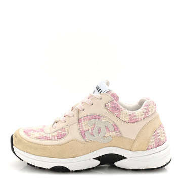 Tweed Suede Calfskin Womens CC Sneakers 35 Pink Ecru