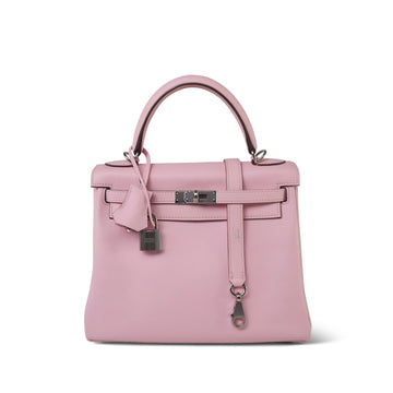 Kelly 25 Retourne Rose Sakura leather Palladium Plated T Stamp