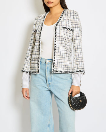 Chanel 24/C White, Black, Gold Check Tweed Jacket with Silver Black Trim Detail CC Button Size FR 36 (UK 8)