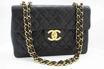 CHANEL Classic Large 13" Flap Chain Shoulder Bag Black Leather j63