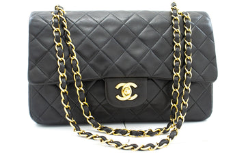 CHANEL Classic Double Flap 10" Chain Shoulder Bag Black Leather k04