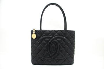 CHANEL Gold Medallion Leather Shoulder Bag Shopping Tote Black i53