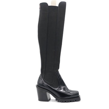 Black Fabric and Patent Leather Knee Length Boots Size 39