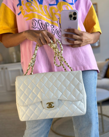 Chanel  White Jumbo Classic Single Flap Bag in Leather Leather with 24K Gold Hardware RRP £9,240
