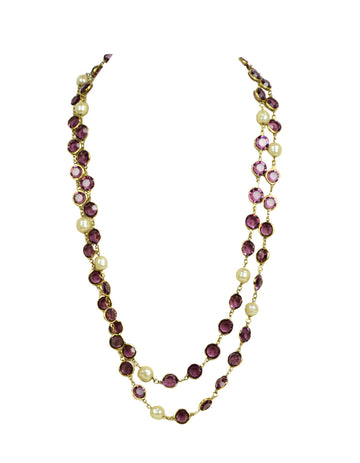 Chanel 1981 Faux Pearl & Purple Crystal Sautoir 54" Necklace