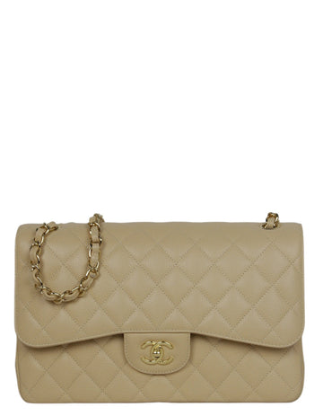 Chanel Beige Caviar Leather Double Flap Jumbo Bag