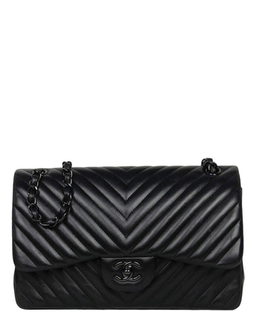 Chanel SO Black Lambskin Chevron Double Flap Jumbo