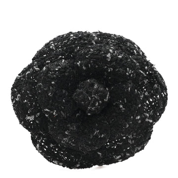 Tweed Camellia Pin Brooch Black Gray
