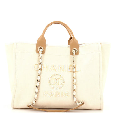 CHANEL Deauville Tote Pearl Embellished Canvas Medium