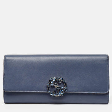 Dark Blue Leather GG Crystals Broadway Clutch