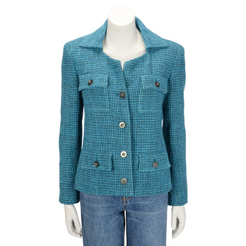 Chanel Turquoise Tweed Lion Button Jacket FR 38