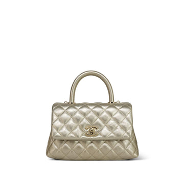 Gold Metallic Aged leather Quilted Coco Handle Small Light Gold Hardware