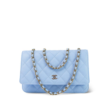 23P Sky Blue leather Quilted Wallet on Chain WOC Light Gold Hardware