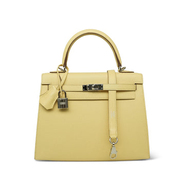 Kelly Sellier 25 Jaune Poussin Veau leather Palladium Plated T Stamp