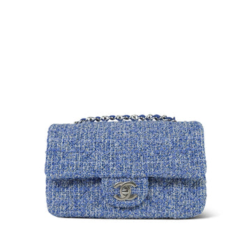 24P Blue White Tweed Quilted Mini Rectangular Flap Silver Hardware