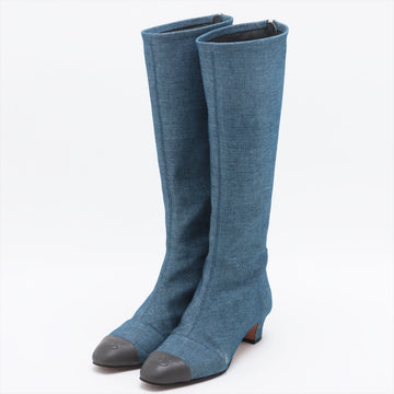 Top Quality Chanel Coco Leather/denim x Leather Long Boots 36C  Navy Fingerprint Part Yablet