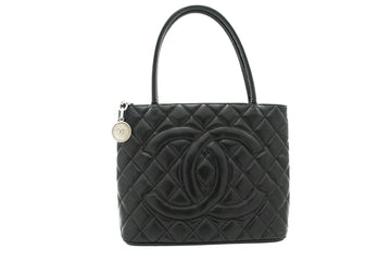 CHANEL Silver Medallion Leather Shoulder Bag Grand Shopping Tote i75