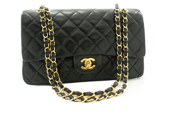 CHANEL Classic Double Flap 10" Chain Shoulder Bag Black Leather k39