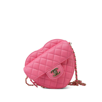 22S Pink leather Quilted Large Heart Bag Light Gold Hardware