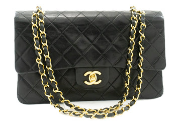 CHANEL Classic Double Flap 10" Chain Shoulder Bag Black Leather k46