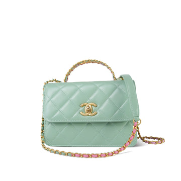 23P Light Green Shiny leather Quilted Pink/Green Chain Top Handle Flap With Chain Aged Gold Hardware