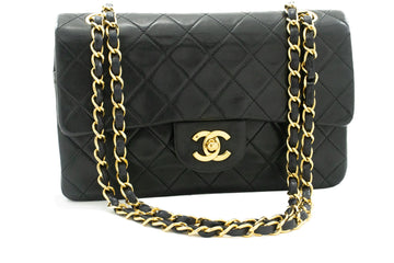 CHANEL Classic Double Flap 9" Chain Shoulder Bag Black Leather j57